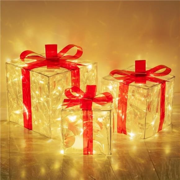Holiday Set Of 3 Christmas Lighted Gift Boxes Prelit 6 Led Light Up